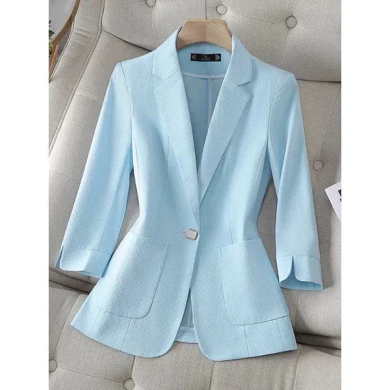 

Spring Summer Half Sleeve Female Blazer Women Blue Yellow Single Button Slim Jacket Ladies Business Work Wear Formal Coat