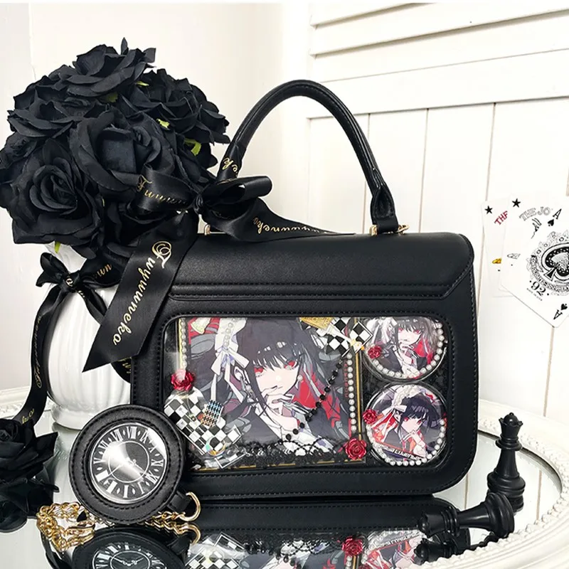 JIAERDI Sweet Bow-knot Handbags Women Japanese Kawaii Lolita Square Crossbody Bags Ladies Chessboard Diamond Grid Black Itabag