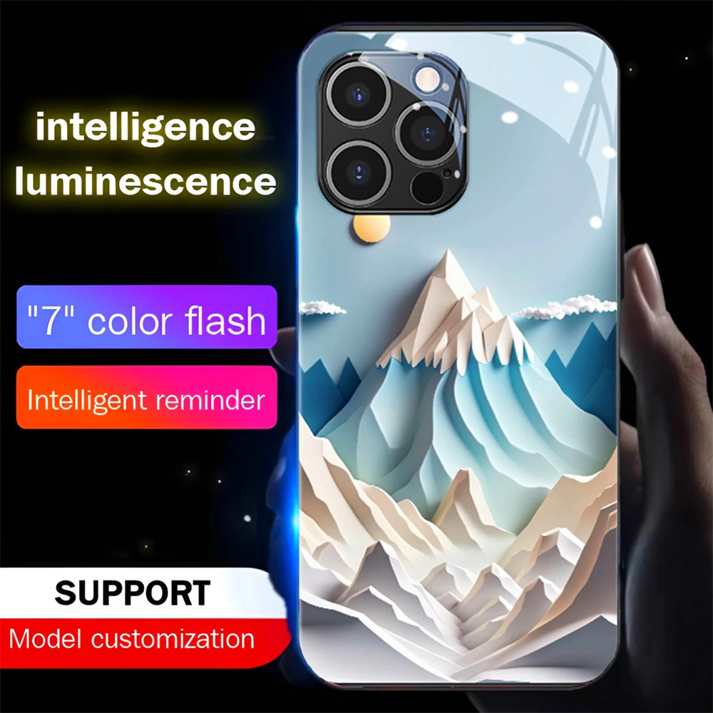 

Beautiful Snow Mountain Smart LED Light Glow Tempered Glass Phone Case For iPhone 15 14 13 12 11 Pro Max XR XS Plus 6 7 8 SE2020