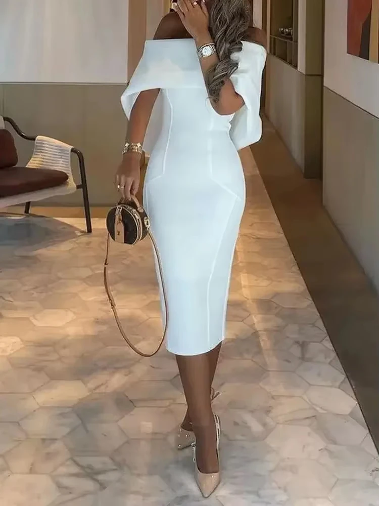 An elegant off-the-shoulder summer dress for women, featuring a shawl-like design, a fitted cut, and white color.