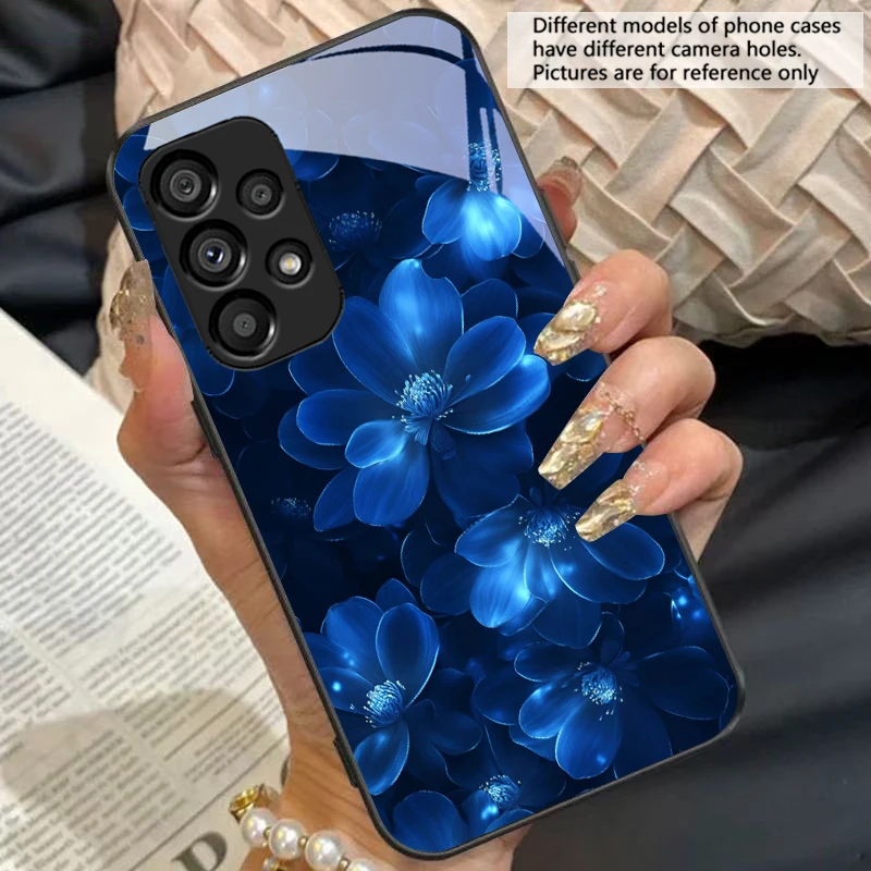 Blue and White Floral Black Tempered Glass Phone Case