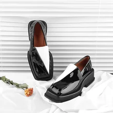 

New Sexy Square Toe Thick Heels Shoes One-legged Loafers Women's Spring Autumn Fashion Platform Patent Leather Shoes Woman Pumps