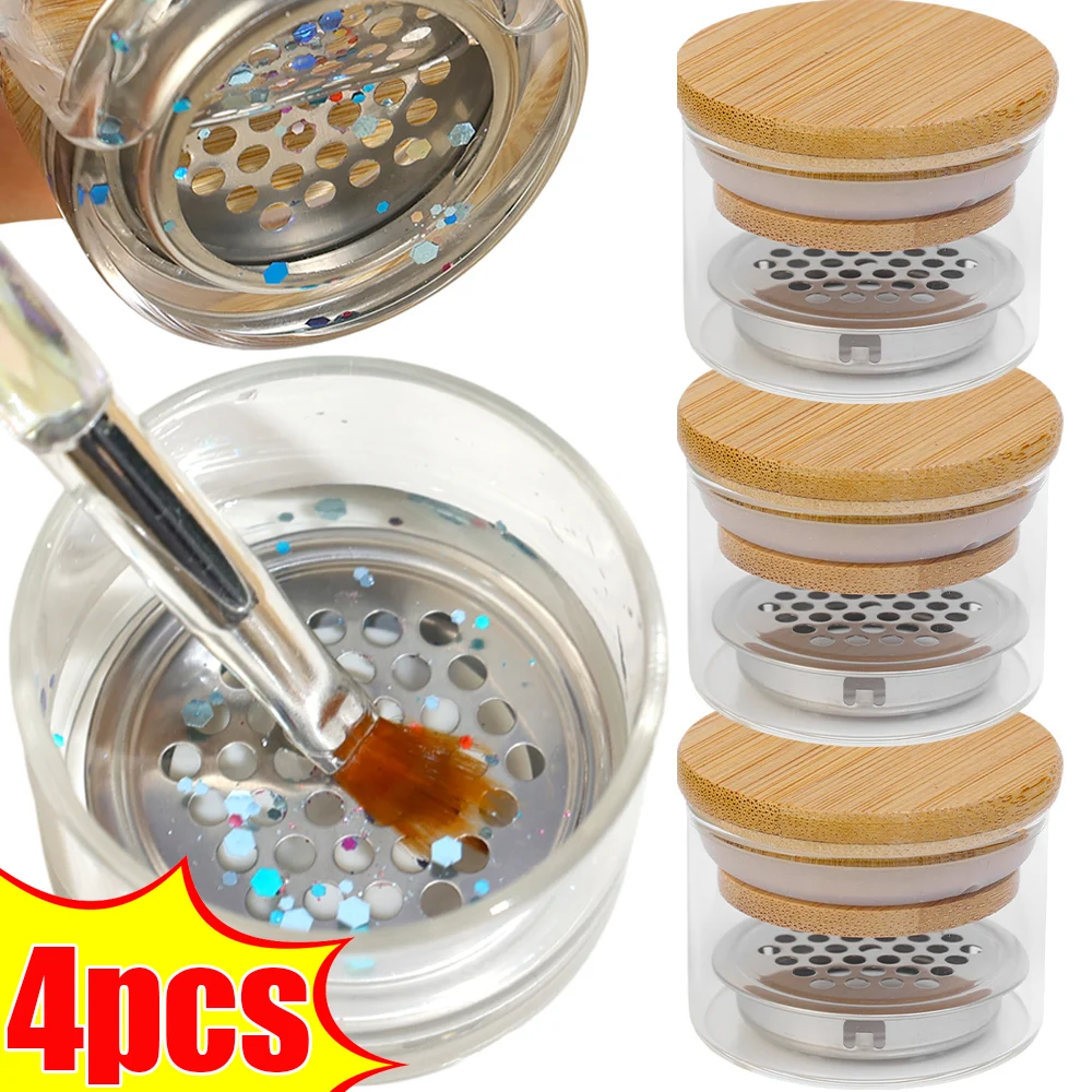 4/1Pc Nail Glitter Wash Pen Cup with Wooden Lid Glass Crystal Cup Stainless Steel Mesh Filter Sequin Phototherapy Brush Tool