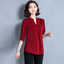 

Spring and Summer Women's Shirt 2022 Blouse for Women Solid Vintage Short Sleeve Top V-neck Slimming Clothing Female Basic Shirt