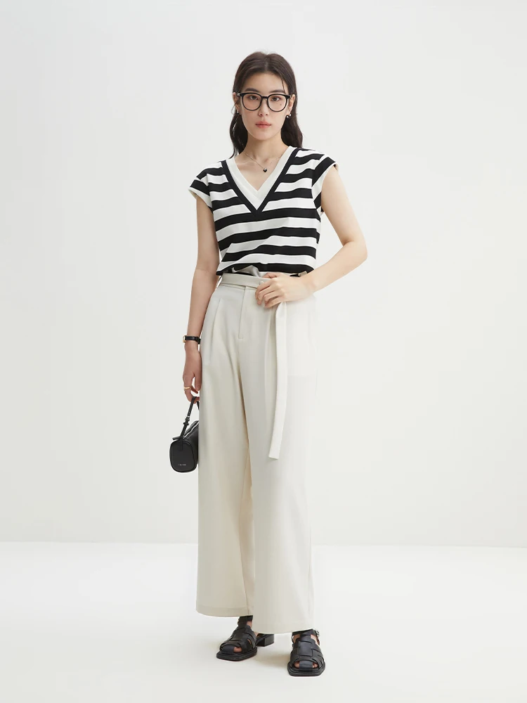 DUSHU All-match Commuter Style Drapey Straight Casual Linen Wide-leg Pants for Women 2024 Summer Office Lady Trousers 24DS82013
