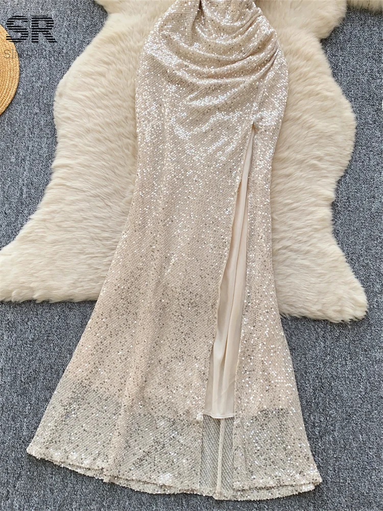 SINGREINY Sequined Senior Party Dress Women Sleeveless Off Shoulder Split Zipper Design Folds Luxury Shinny Strapless Dresses 4
