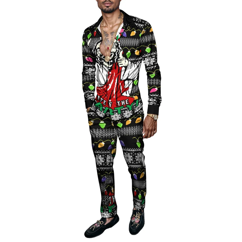 Christmas Printed Men's Shirt Set Two Piece Gingerbread Snowman_voghion.com