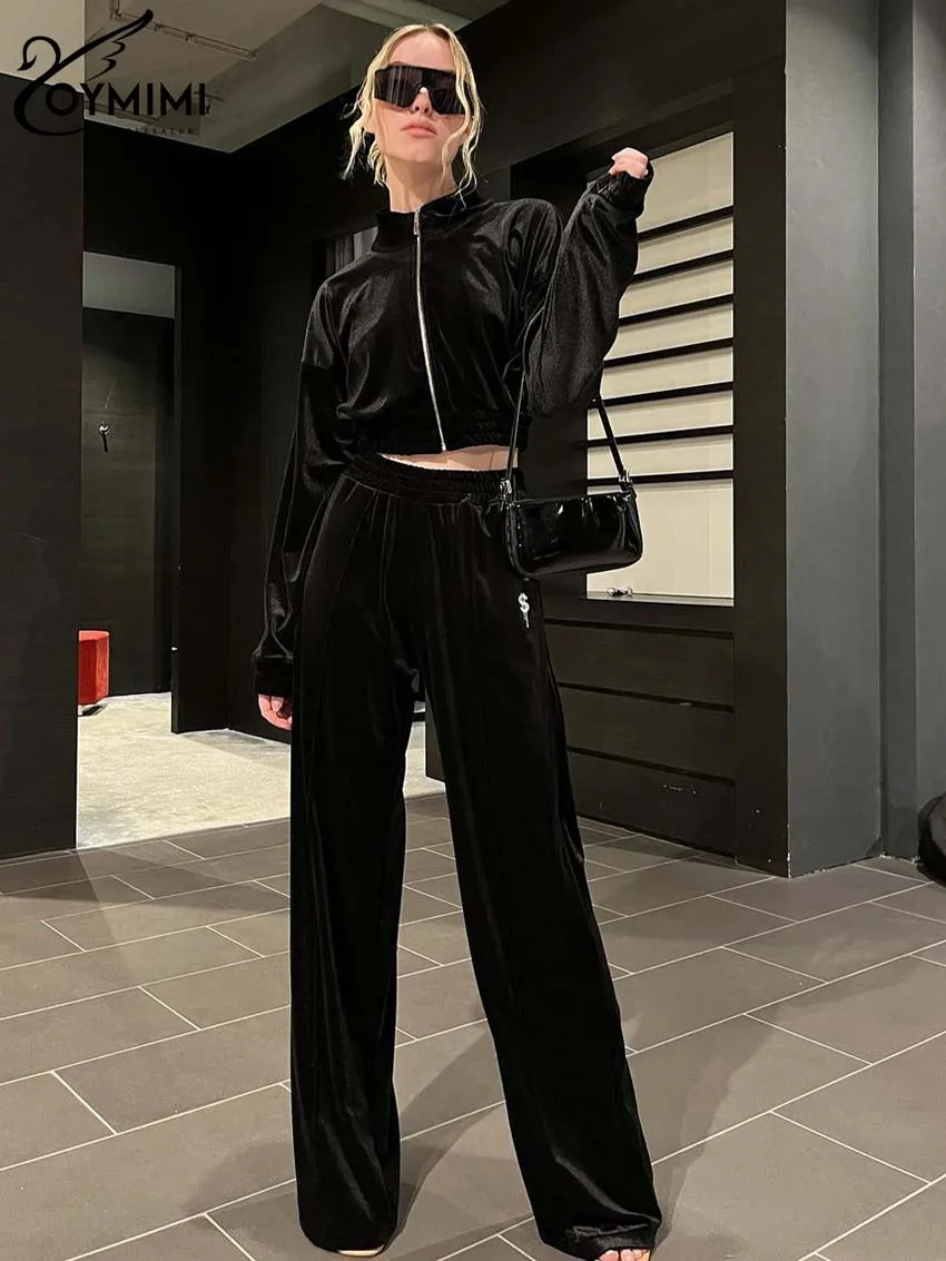 Oymimi Fashion Black Knitting Two Piece Set For Women Elegant Long Sleeve Zipper Crop Tops And High Waist Straight Trousers Sets black split knitting half skirt spring autumn new high waist solid slim all match a line skirt office fashion women clothing