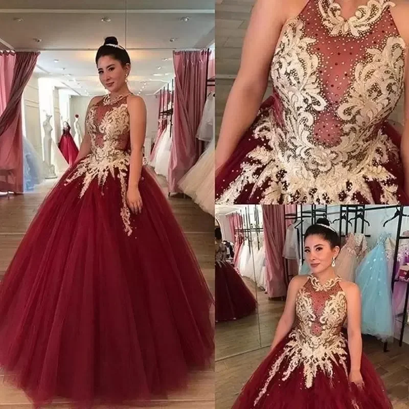 

Винтажные бордовые платья Quinceanera с высоким воротником Vestidos De 15 лет сексуальные платья до пола с аппликацией Золушка принцессы строгие платья