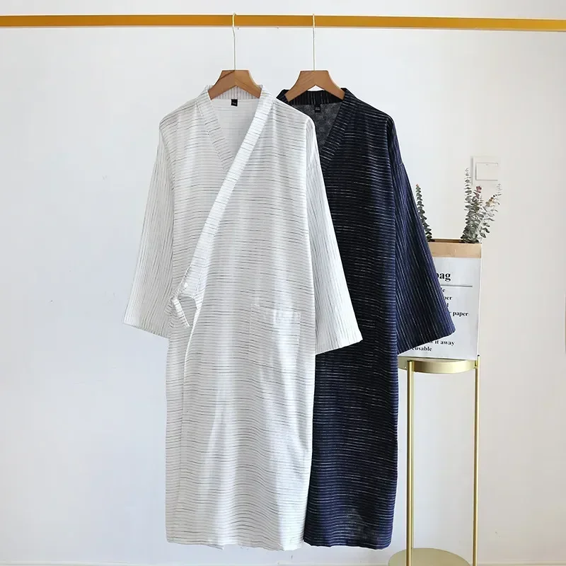 

Nightgown Tops Bathrobe Size Long Striped V-Neck New Nightgowns Sleep Robes Men Spring Plus Sleepwear Cotton Mens