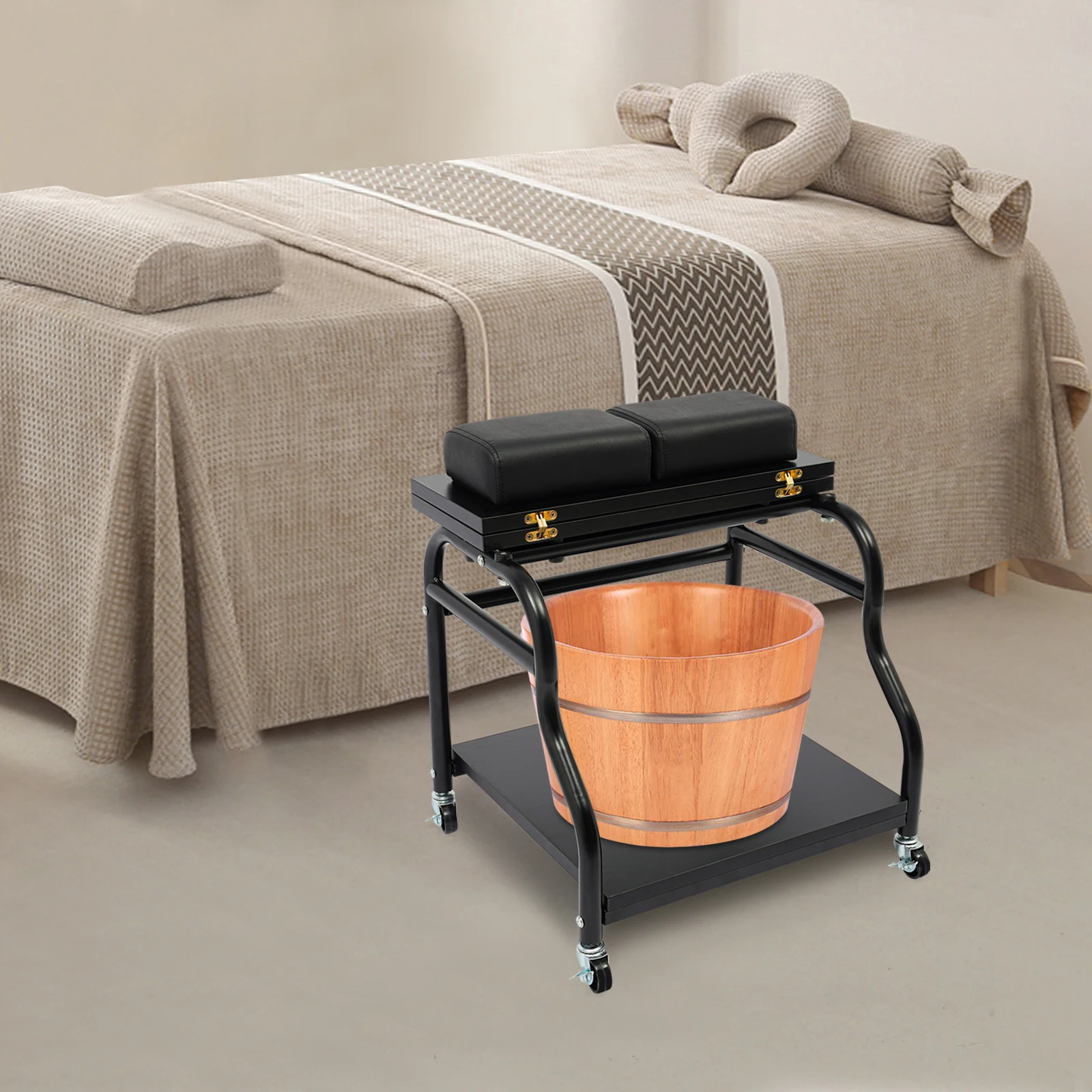 Foot Spa Bench Foldable 2-Tier Pedicure Station with Wheels & Brakes for Salon Foot Bath Massage Manicure