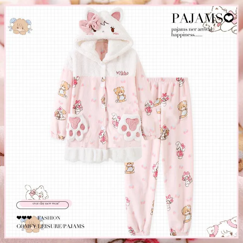 

Милый пижамный комплект Kawaii с капюшоном из микрокона Мусса латте кемми суфле Домашняя одежда коралловый бархат теплый плюшевый для отдыха подарок на день рождения для девочек