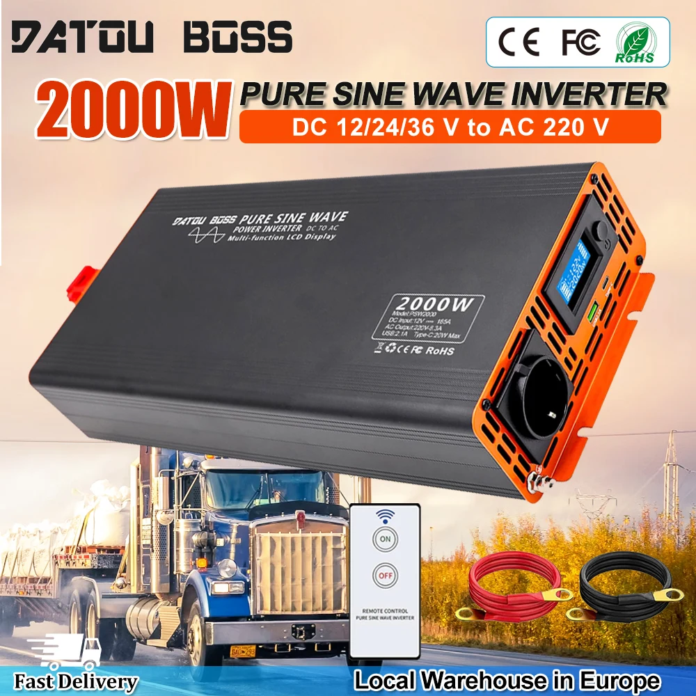 Convertisseur de courant DATOUBOSS 2000W à onde sinusoïdale pure, 12V/24V DC vers AC 220V, convertisseur de puissance pour la maison, la voiture, le camion, avec USB Type C et écran LCD