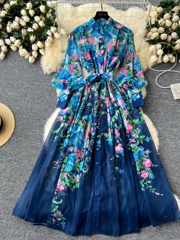 فستان نسائي من الشيفون المطبوع ، ياقة قائمة ، أكما...