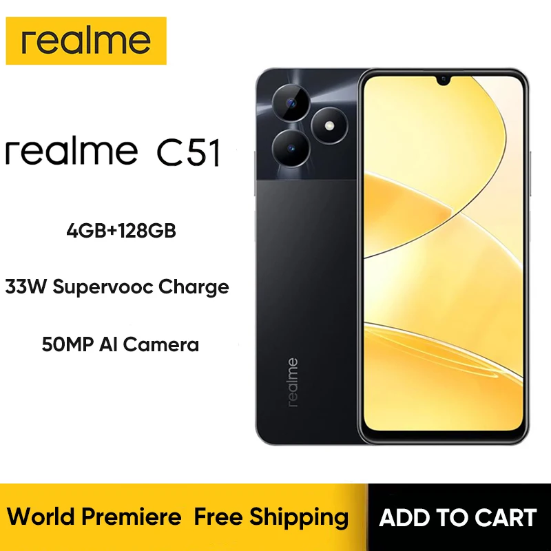 

Realme-C51 Smartphone 6.74 "Large Display 50MP AI Camera 5000mAh Battery 4G Smartphone 33W SUPERVOOC 4GB + 128GB Original