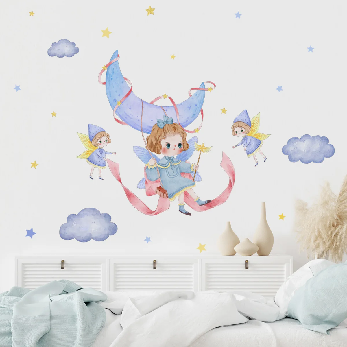 

Cloud Moon and Star Background Wall Sticker, Bedroom Decoration, Self Adhesive Wall Sticker