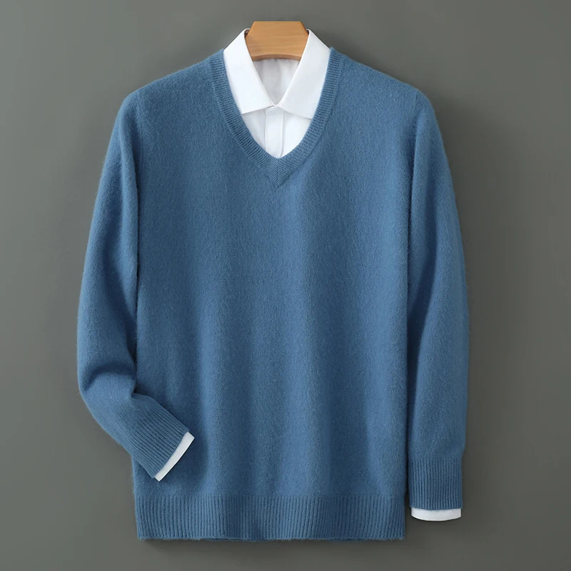 100% cashmere autumn and winter men's sweater, wool sweater, wool pullover sweater, thick bottom knitted V-neck loose warm top 5