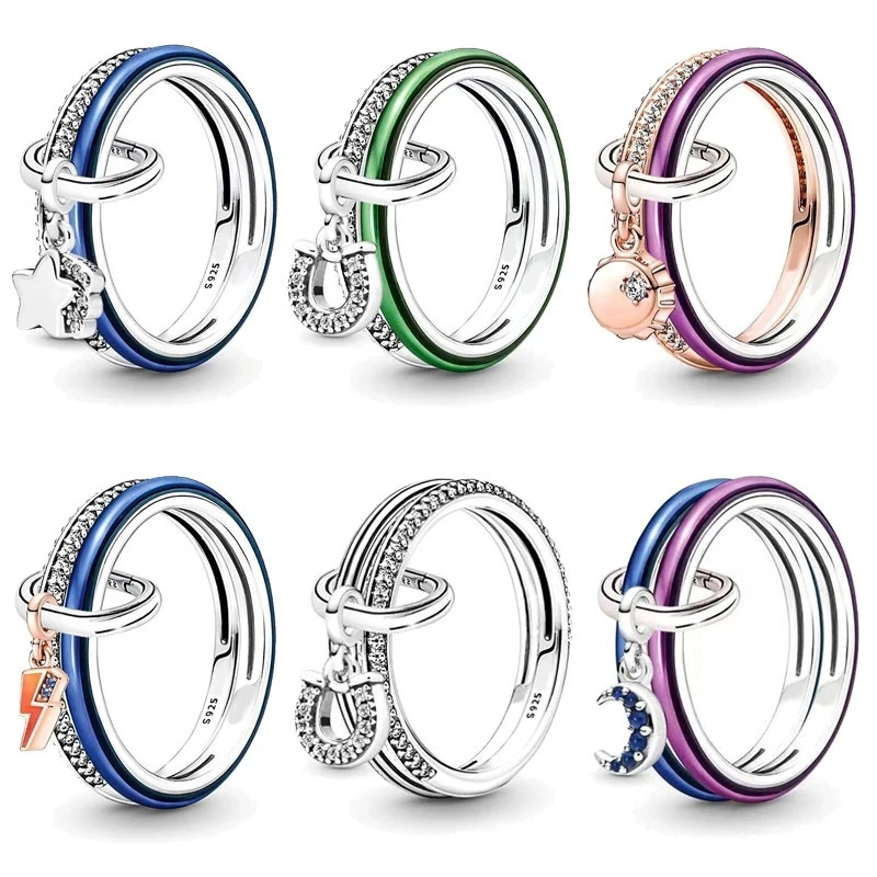 

925 Silver Me Collection Ring Set Link Mini Dangle Charm Series Lightning Heart Star Moon Fit Original Pandora Bracelet Charm