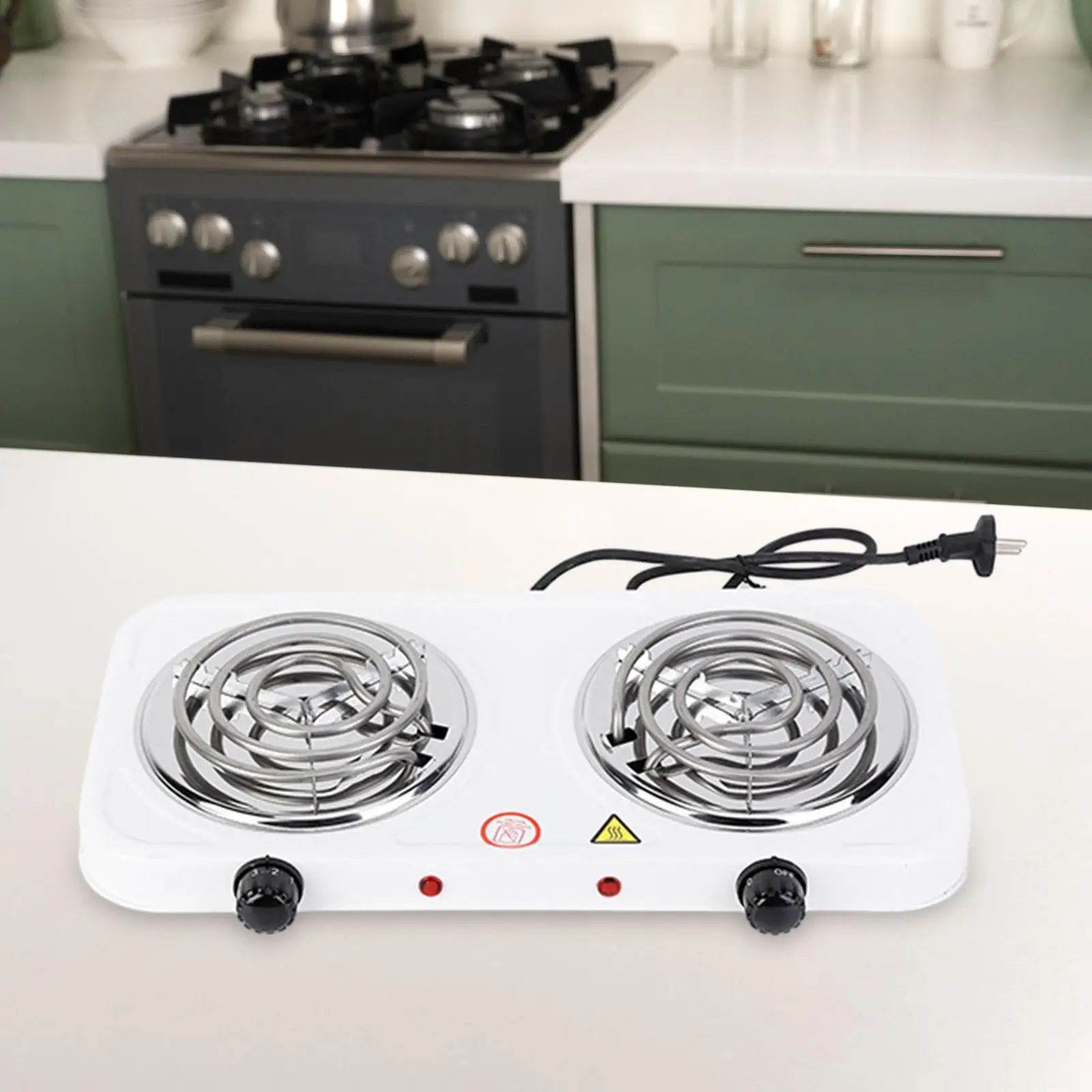 Double Electric Burner Cooktop with Adjustable Temperature, White