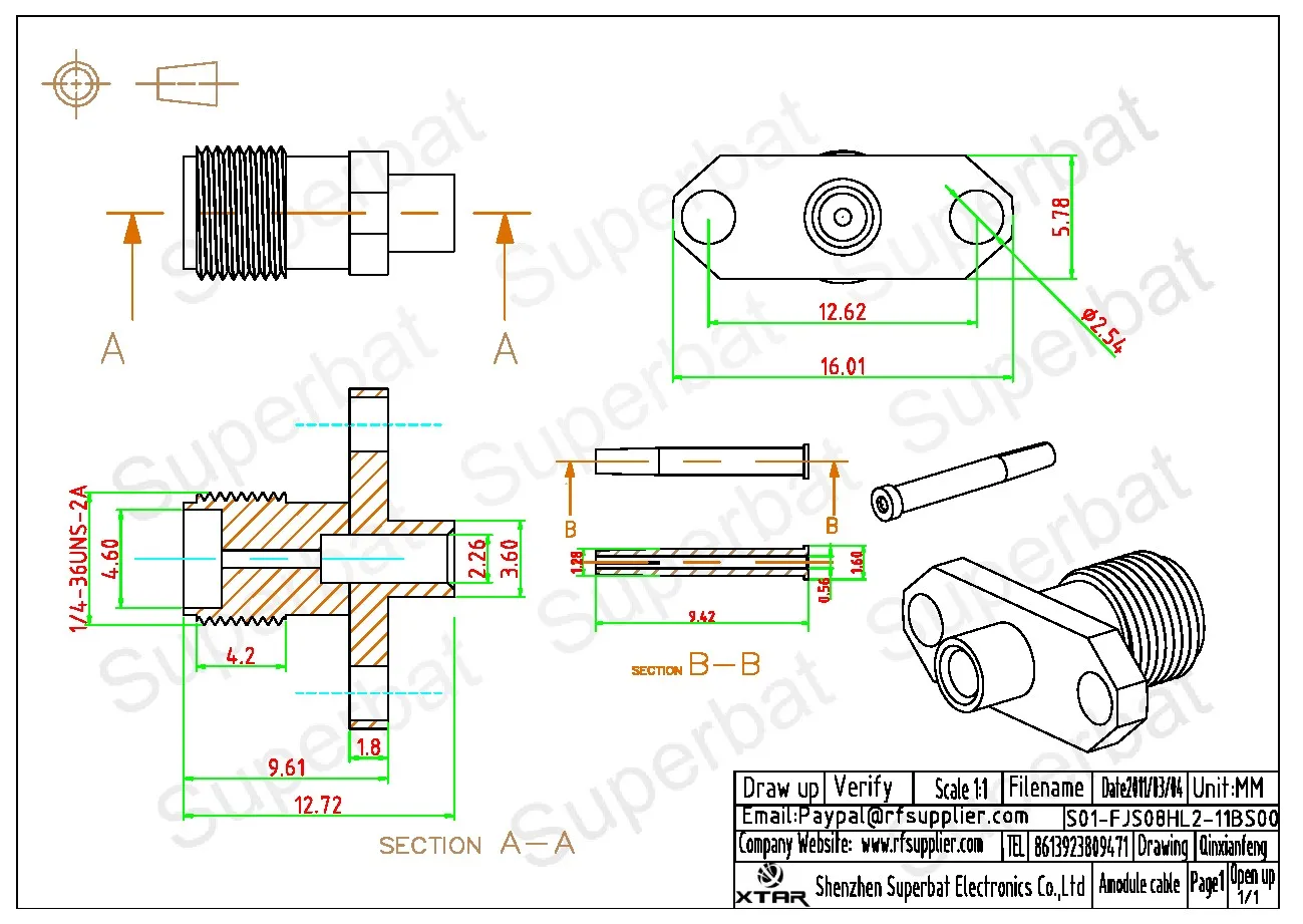 SMA Female Flange RF Coaxial Connector for Semi Rigid Cable