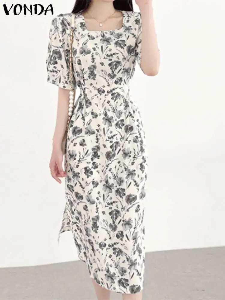 

Женский богемный сарафан VONDA с принтом, летнее модное элегантное платье средней длины с коротким рукавом, 2023 сексуальное пляжное платье с квадратным вырезом