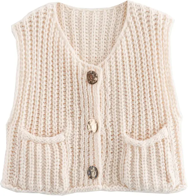 Womens Crochet Chunky Knit Top Sleeveless Button Down Crop Tops Trendy Cardigan Sweater Vest for Women with Pockets 6