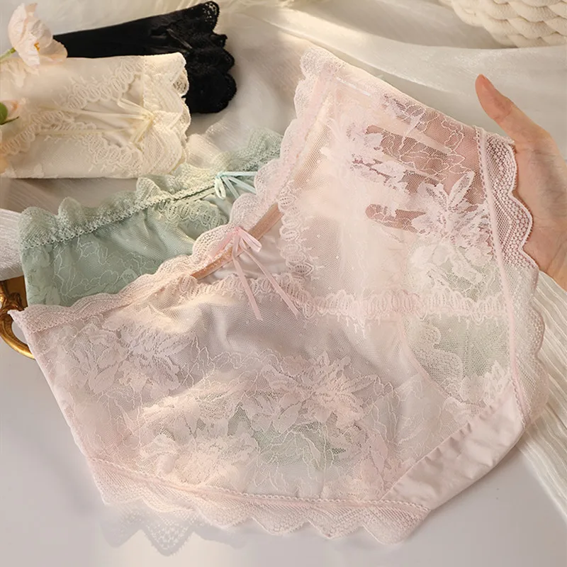 

Sexy Hollow Lace Plus Panties for Women Flower Transparent Underwear Female Mid Waist Briefs Underpants Girl Gift