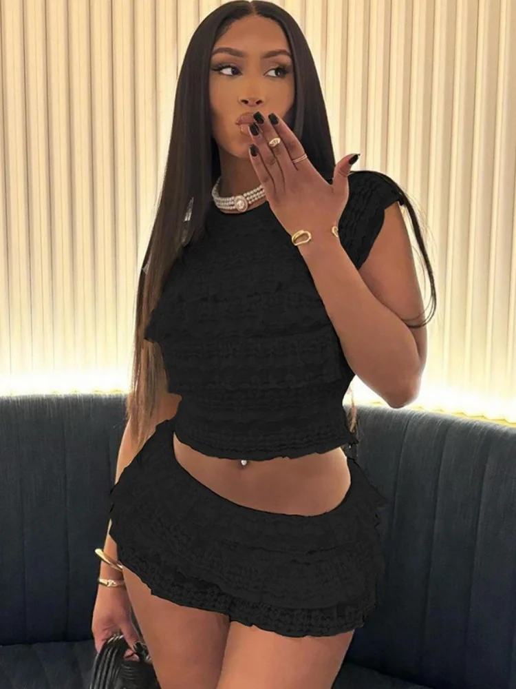 Wmstar Two Piece Shorts Sets 2025 Wholesale Sexy Sweet Solid Color Hollow Out Slim Pleated Shorts Suit Drop Shopping New Summer