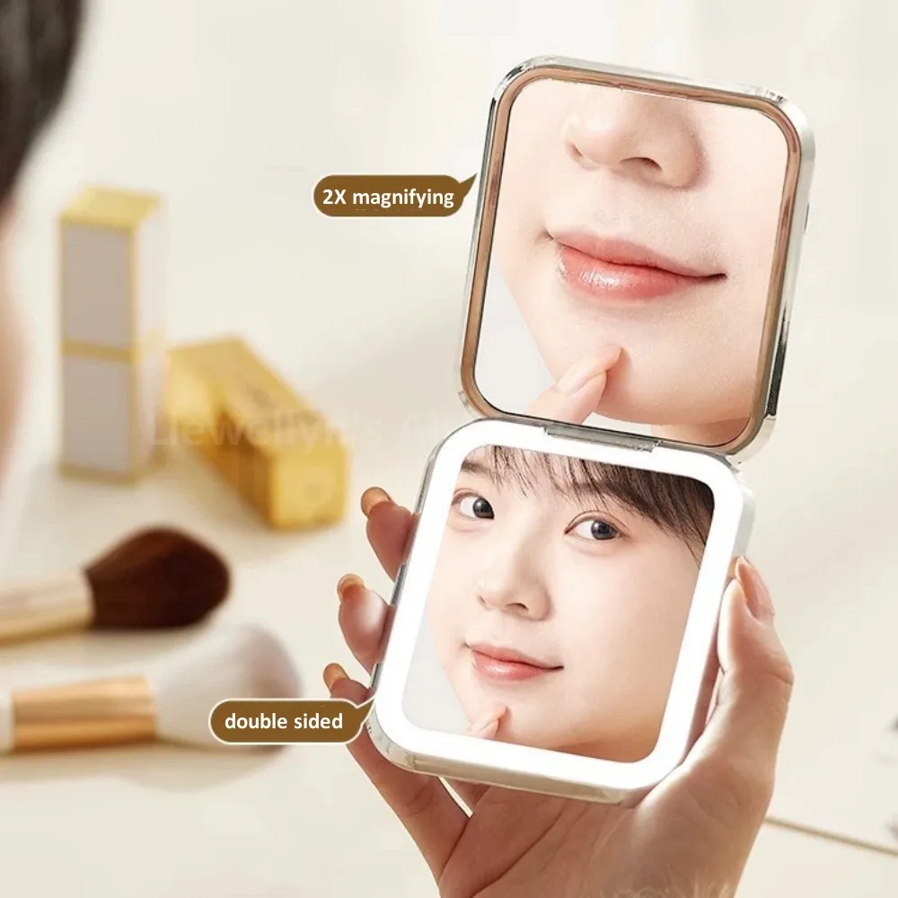 Led Make-Up Mirror Double Sided Folding With Lights Portable Hand Held Pocket Makeup Mirror 2x Magnifying Compact Travel