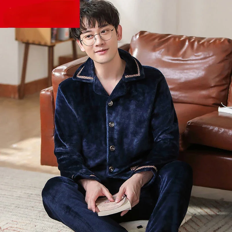 New Men Autumn Winter Sleepwear Warm Thickened Pajamas Set Flannel Soft Casual Nightwear Long Pants Homewear Mens Pajamas