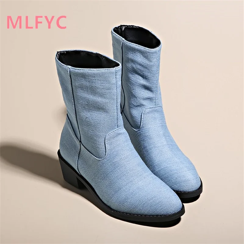 Cowboy boots for women with round toe, thick heels mid length boots women autumn winter New fashion warmth comfort short boots