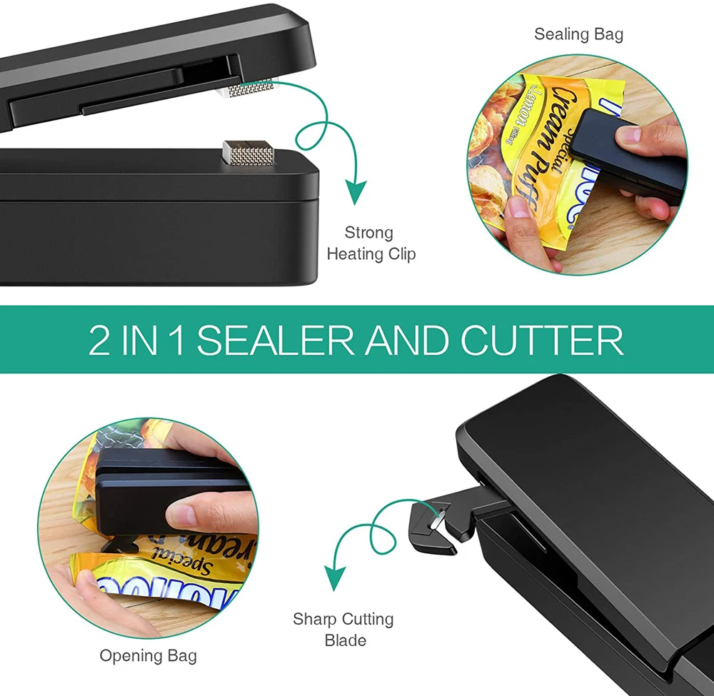 USB Mini Bag Sealer 2-in-1 Portable Heat Sealers Rechargeable Handheld Vacuum Heat Sealers &Cutter for Plastic Bag Storage Food