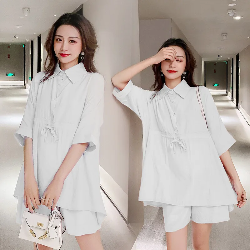 245# Turn Down Collar Blouse + Maternity Pants Two-piece Maternity Clothes Loose Stylish Short Sleevess Set