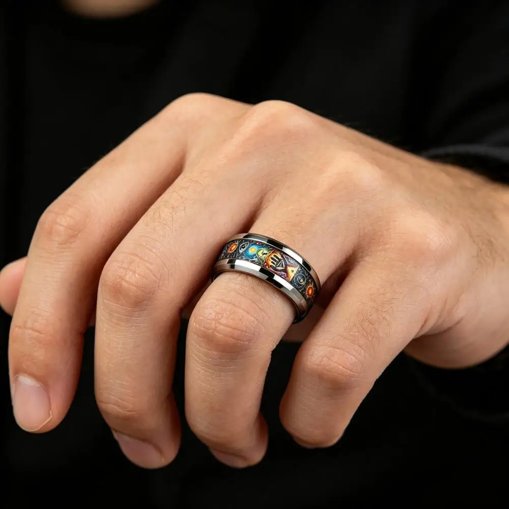 Vintage Men Stainless Steel Ring with Mystical Esoteric Tarot & All Seeing Eye Pattern Inlay Rings for Men Women Wedding Jewelry 5