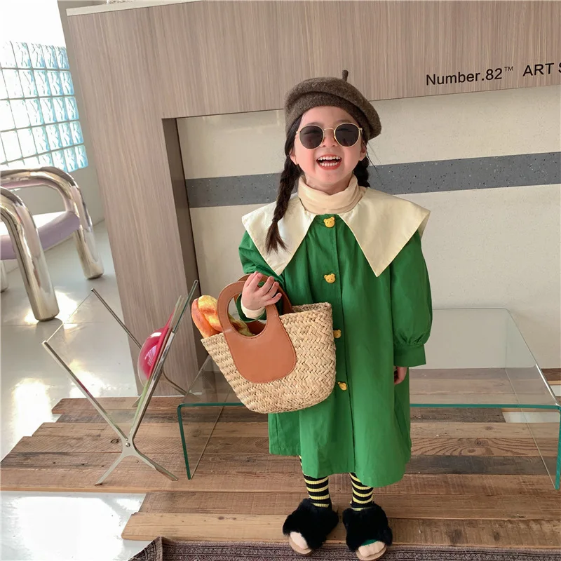 

2022 Autumn Girls trench coats Kids contrast color Lapel Windbreaker Baby Girls loose outerwear