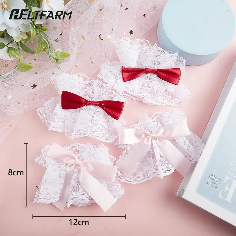 Gothic Lolita Wrist Cuffs Sweet Satin Bow Ruffles Floral Lace Tulle Bracelet Wristband Japanese Maid Cosplay Hand Sleeve