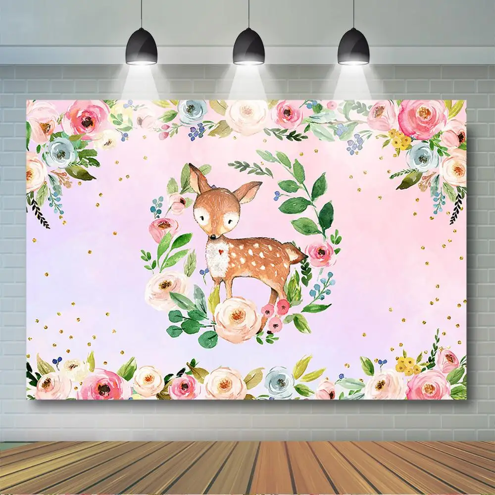 Mocsicka Floreale Cervo Compleanno Sfondo Girly Deer Baby Shower Festa Di Compleanno Decor Woodland Acquerello Floreale Foresta Sfondo