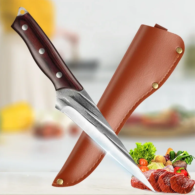 Forged Kitchen Knife Meat Cleaver High Carbon Clad Steel For Meat Fish Fruit Vegetables Professional Butcher Boning Knife With Cover
