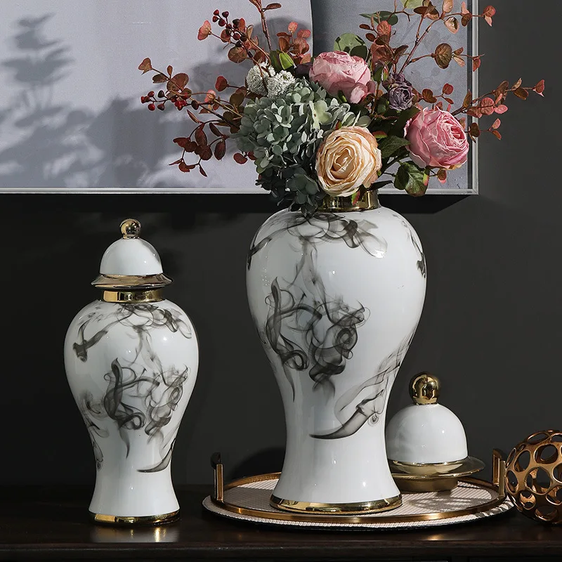 Golden high Flower vase Ceramic jar Chinese living room decorations and ornaments Ink painting general jar Ceramic storage jars 4