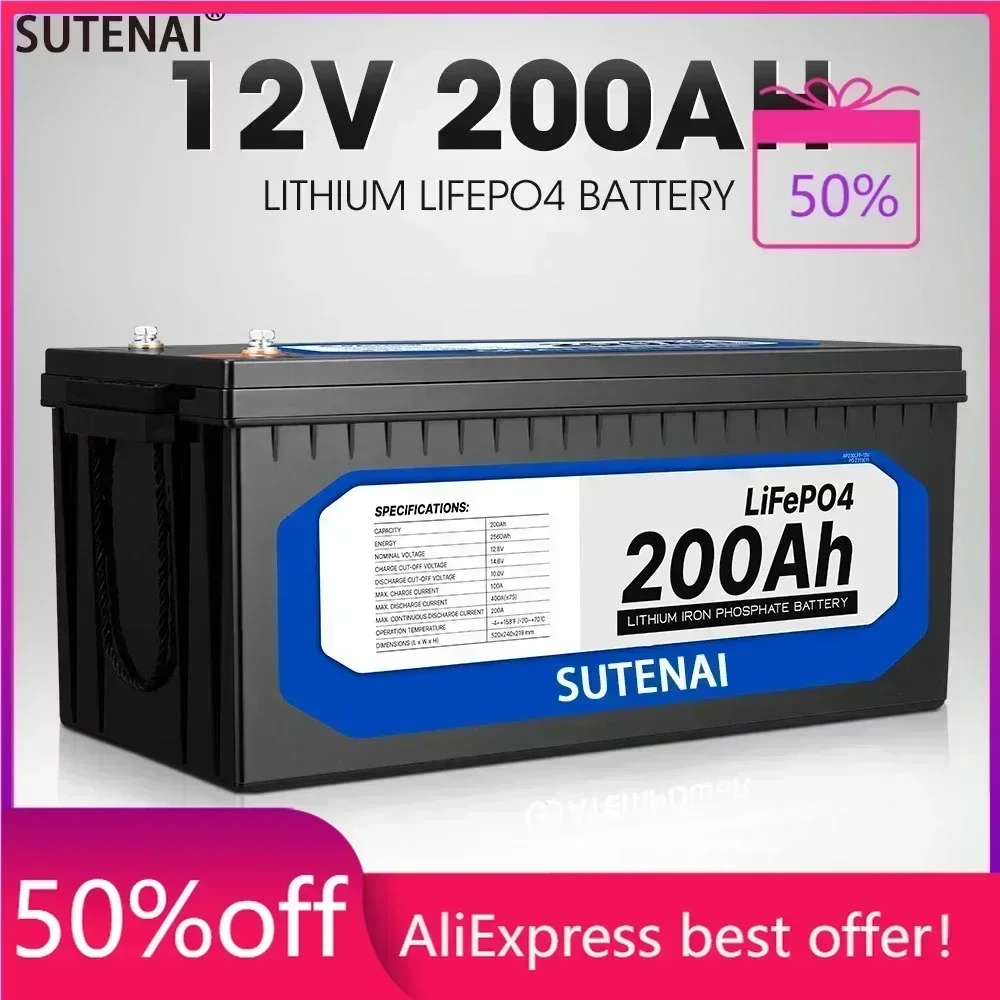 

12V 200Ah LiFePO4 Battery Built-in BMS Lithium Iron Phosphate Cell For RV Campers Golf Cart Off-Road Off-Grid Solar With Charger