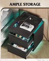 Black Nightstand with Charging Station and LED Lights, Bedside Table with 2 Wooden Drawers and Sliding Top, Modern, Customized 4