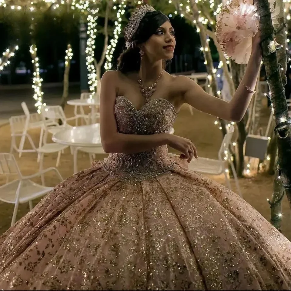 Rose Gold Charro Quinceanera Dresses Ball Gown Sweetheart Sparkly Beaded  Bow Mexican Sweet 16 Dresses 15 Anos - AliExpress 320