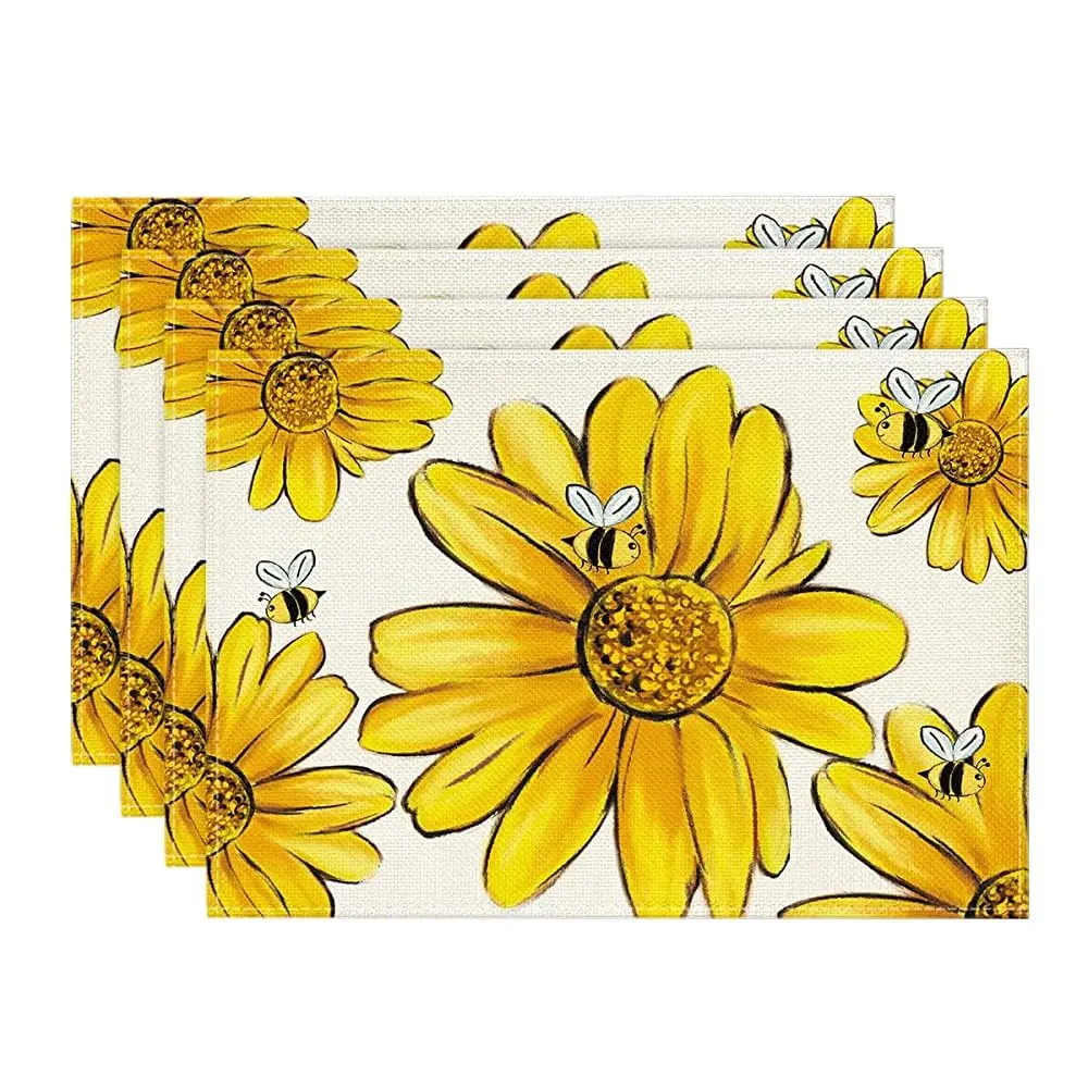 

Bee Sunflower Summer Placemats Set of 4, 12x18 Inch Seasonal Spring Flowers Table Mats for Party Kitchen Dining Decoration