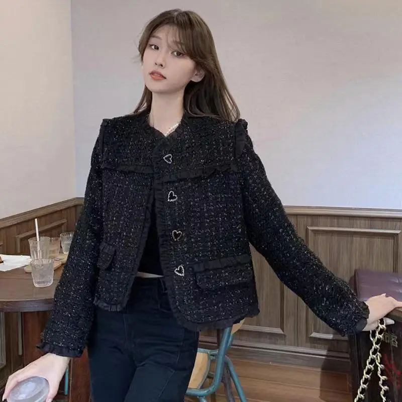 

2023 New Korean Fashion Cropped Tweed Jacket for Women Fall Winter French Vintage Luxury Long Sleeve Short Coats Outwear A125