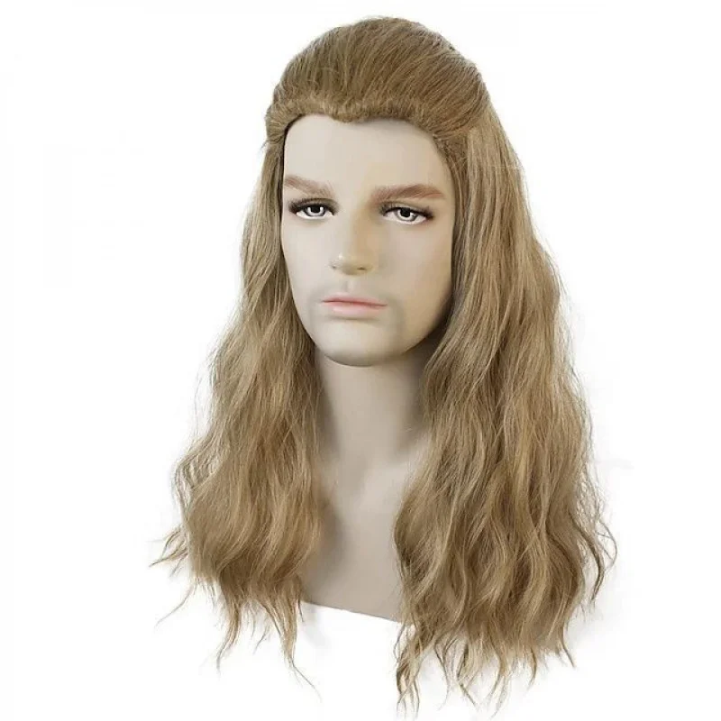 남성 다크 브라운 금발 가발 긴 남성 물결 모양의 인조모 전체 가발+가발 모자