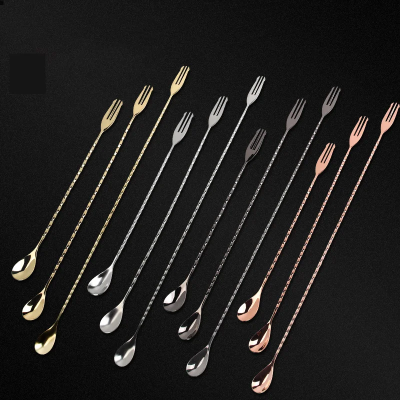 30 40 50cm Bar Spoon With Fork Tip Stainless Steel Mixing Spiral Pattern Cocktail Twisted Mixing Cocktail Spoon Bartender Tools