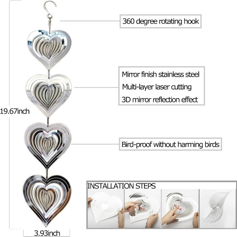 Heart Wind Chime 3D Metal Heart Wind Spinner Hanging Rotatable Heart Wind Spinner Love Spinner For Garden Hanging Ornament 4