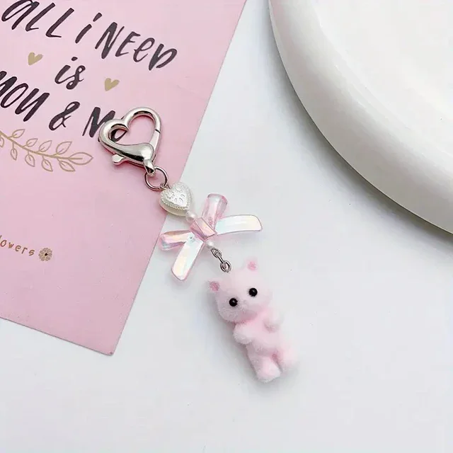 Cat Keychain Cute Fuzzy Kitty Cat Heart Bow Kitten Kawaii Pink Bow Pearl Heart