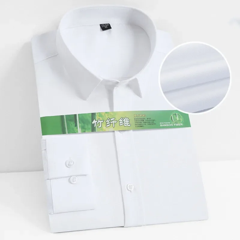 

S~8XL Bamboo Fiber Men's White Shirt Long Sleeve Dress Shirts For Men Slim Stretch Anti-wrinkle Fit Camisa Social Formal Shirts