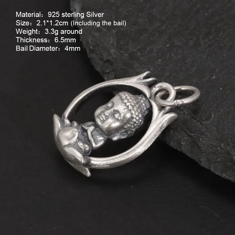 S925 Sterling Silver Buddhist Pendant Necklace Vintage Vintage Lotus Three-dimensional Buddha for Men and Women Solid Jewelry